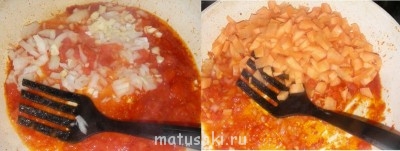 в сковороду с томатной пастой добавить лук,чеснок,морковь,специи,соль и тушить еже минут 3-5.