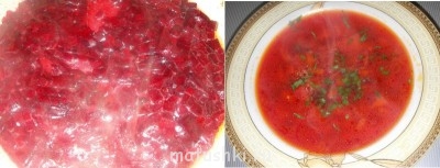 Свеклу нарезаную кубиками потушить на сковороде с раст.маслом и пол.стакана воды до готовности.<br />В готовый суп выложить свеклу,добавить зелень.