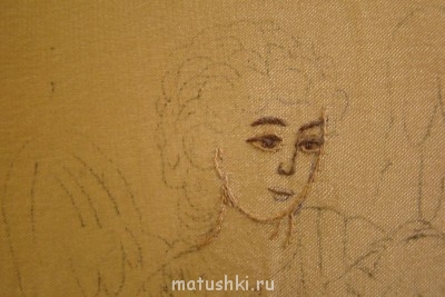 обводим по лик нитью 0926;  брови, нос, ресницы и зрачки, линию губ  вышиваем нитью 0811, нижнее веко нитью 0928